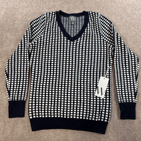 Worthington Sweaters - Worthington Womens Navy White Grid V-Neck Knit Sweater Long Sleeve Size M NEW